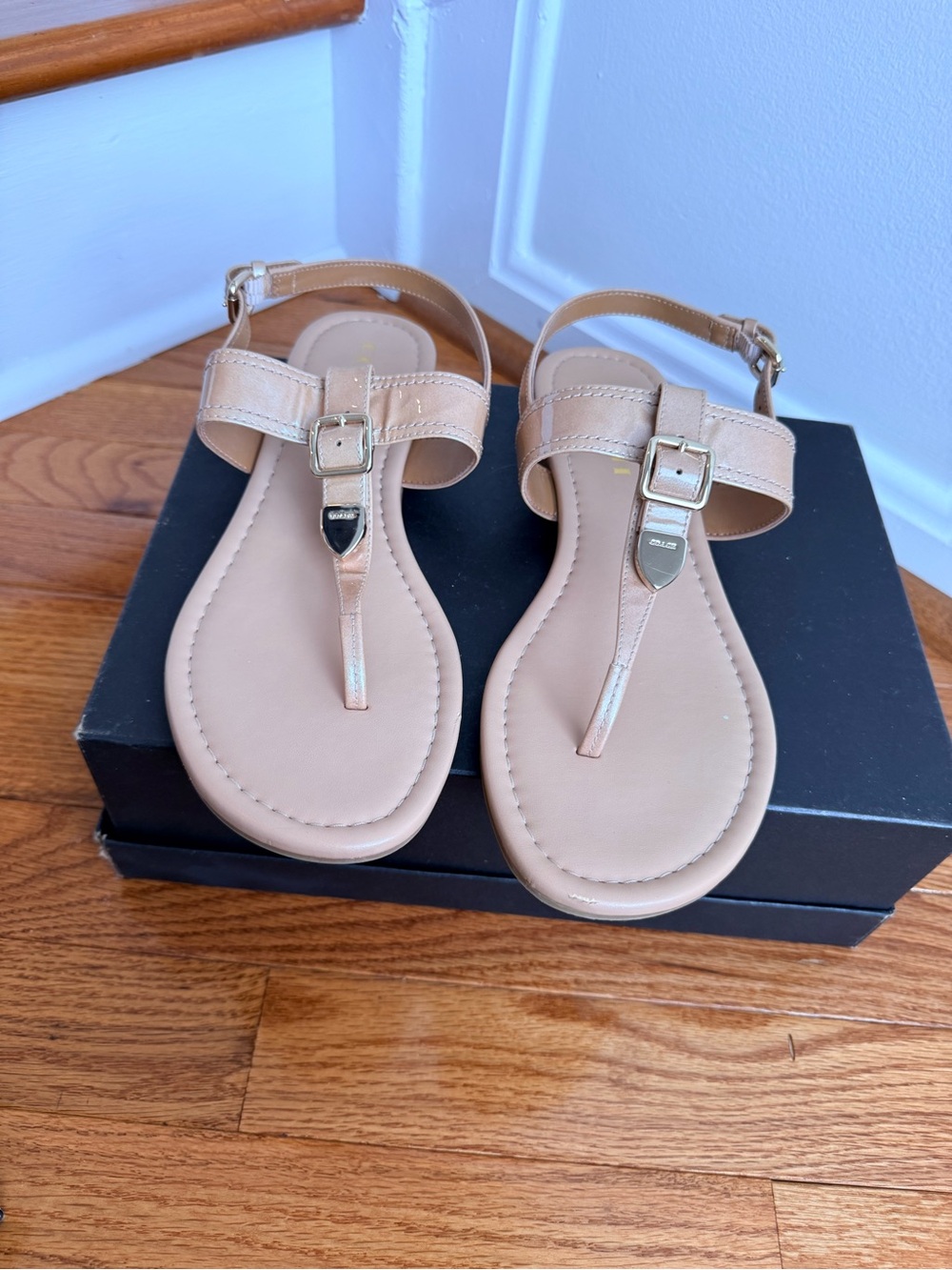 Coach Nude/Tan Leather T-Strap Sandals with Gold Accents